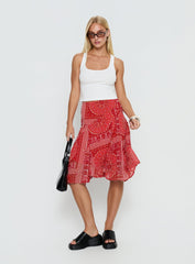 Raenah Asymmetrical Midi Skirt Red Paisley