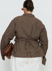 Xinia Tie Waist Long Sleeve Shirt Brown Check Curve