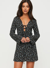 Malop Long Sleeve Mini Dress Black Floral