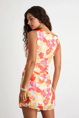 Roanes Orange Floral Boat Neck Pleated Mini Dress