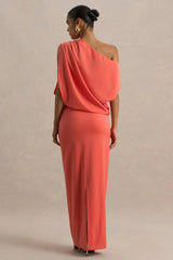 Ronnie | Coral Satin Asymmetric-Neck Maxi Dress With Draping Detail