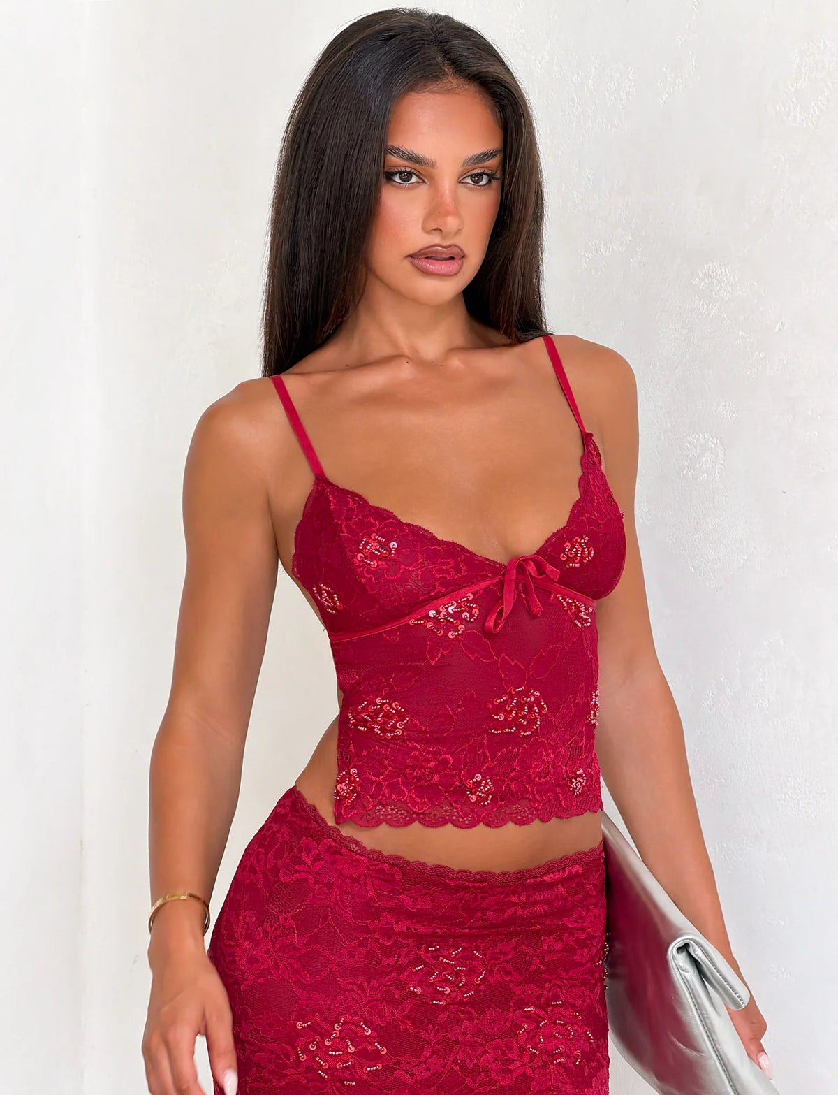 Kirra Beaded Sequin Lace Top - Red