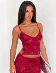 Kirra Beaded Sequin Lace Top - Red